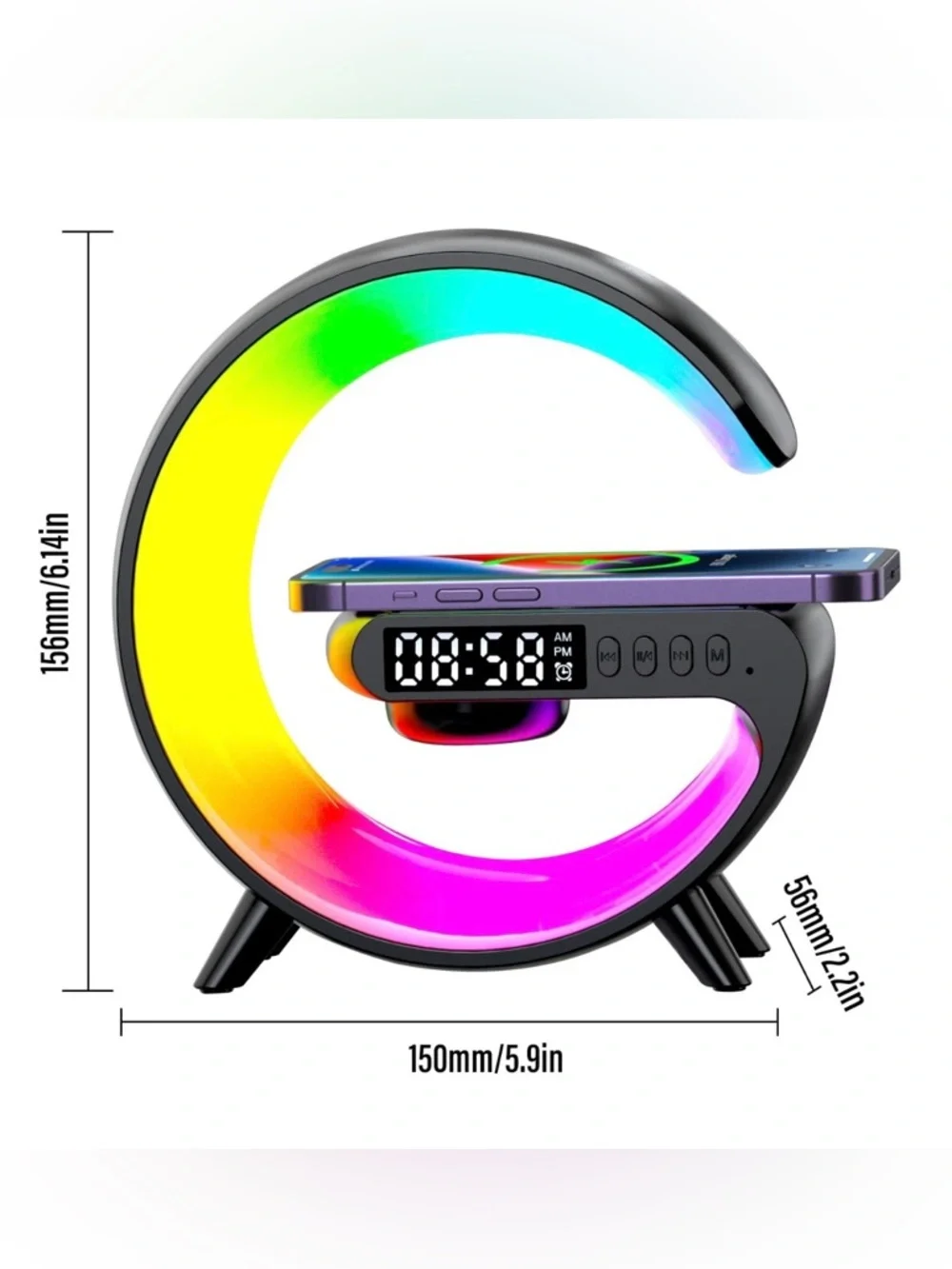 LED RGB C-Shaped Desk Lamp with Digital Clock & Wireless Charging